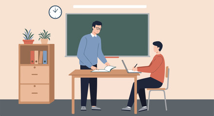 Teacher explains lesson as student takes notes, at school with clock and plant