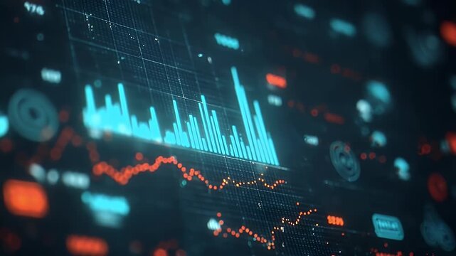 Realistic video of charts and graphs with data, dark background with a blue-green gradient, glowing blue and turquoise icons on the screen,