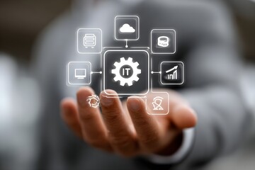 IT Consulting. Businessman holds digital consulting network connecting icon representing IT solutions, focusing on innovation, strategy, optimization, growth, and technology-driven success	