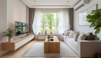 Modern, light-filled living room with light wood furniture, a large window, and neutral color scheme