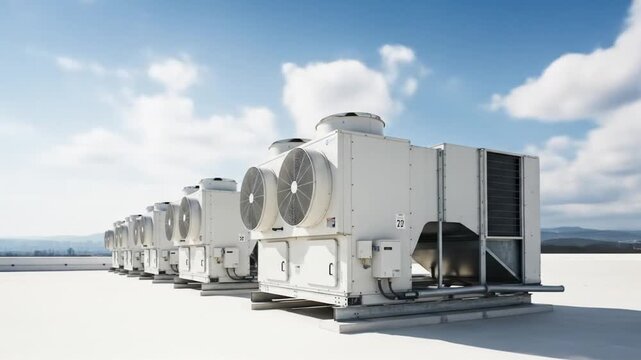 A row of white hvac units stands on a rooftop against a blue sky, representing modern climate control technology and efficient building ventilation systems