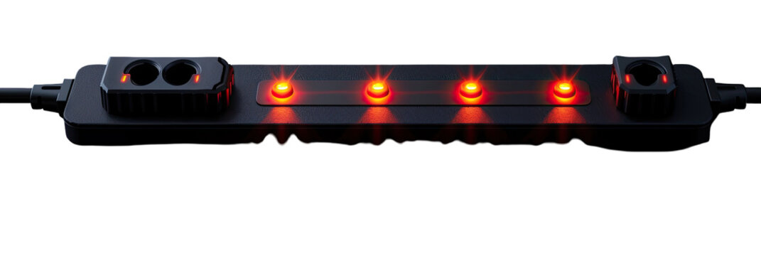 Dark gray rectangular device with four illuminated red LEDs