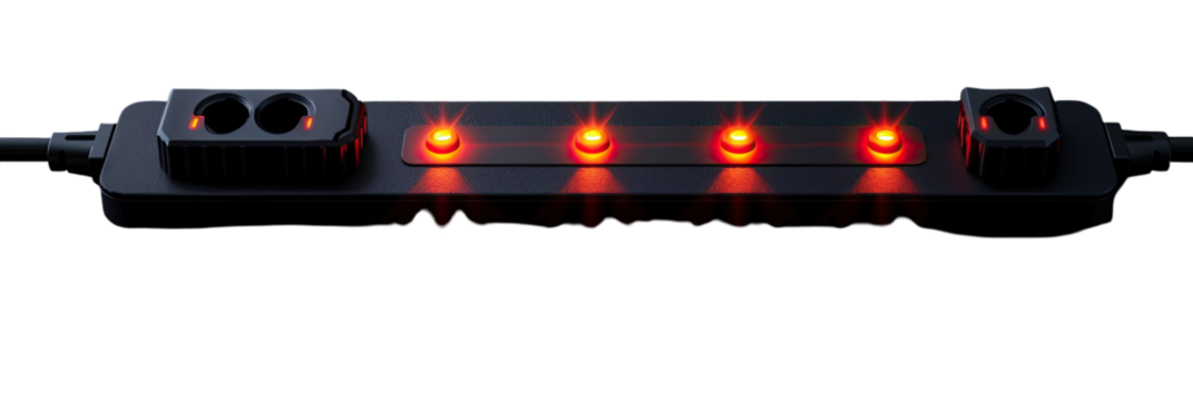 Dark gray rectangular device with four illuminated red LEDs