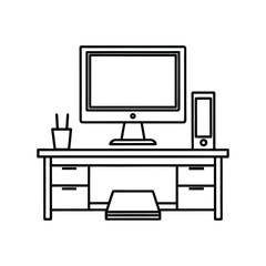 Minimalist Desktop Computer Line Art Illustration, Elegant One Line Computer Desk Design