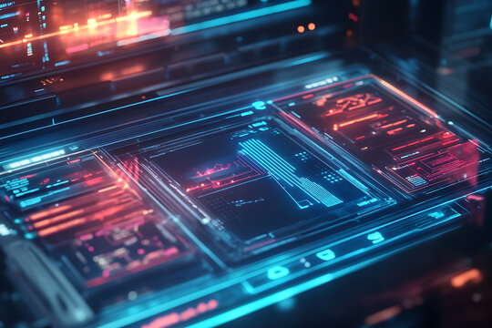 Futuristic digital interface with glowing blue and red data displays