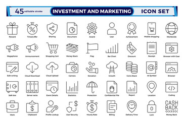Investment and marketing icon set in line style. Includes content, search, ecommerce, digital devices, internet, analytics, social media, money income, and pension fund.  Editable stroke outline icon.
