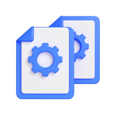 Obraz premium Two stacked documents with gear icons, representing settings and process. Blue outline, white fill