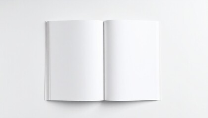 Fototapeta premium Open hardcover book mockup with blank pages lying on clean white surface for editorial and branding presentations