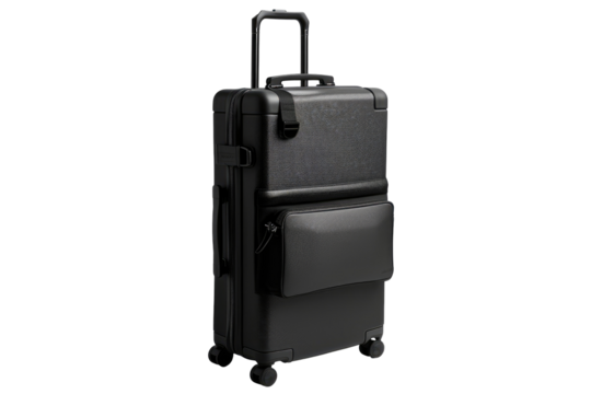 Dark gray hard-shell suitcase with wheels and pockets