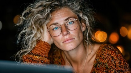 Fatigued worried mature business woman wearing glasses, having a headache at work. Tired busy 40s middle-aged businesswoman feeling stress at the workplace, looking at a laptop computer in an office.