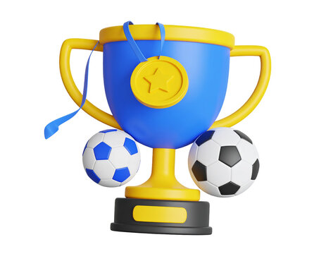 Trophy awarded near soccer balls with medal. For sports websites or advertisements. Isolated
