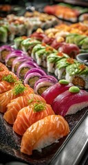 Diverse sushi assortment, various rolls and nigiri
