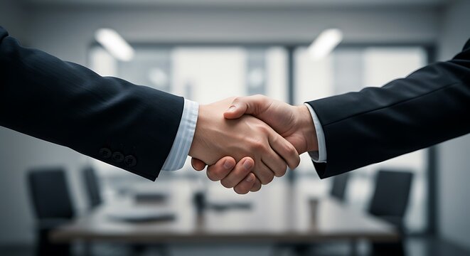 Successful business handshake sealing a professional deal in modern office setting, symbolizing partnership and trust