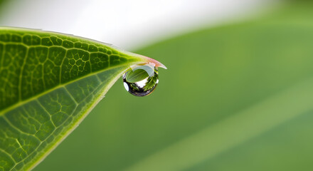 Dewdrop on Leaf Tip Reflecting Greenery, Macro Nature Shot