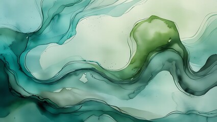 Abstract flowing watercolor painting with shades of teal and green colors creates soothing imagery.