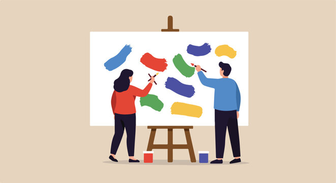 Two people, side by side, collaboratively painting colorful strokes on a large canvas