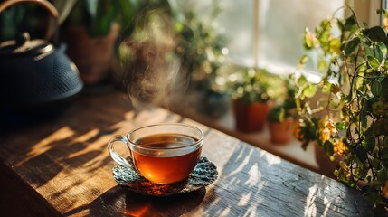 Warm cup of tea on a wooden table by a window.