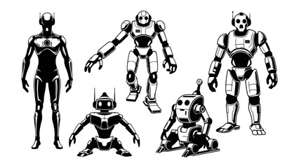 Collection of Futuristic Robots in Black and White Style