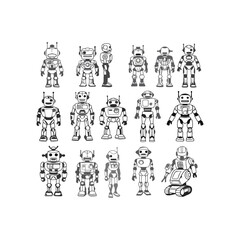 Collection of Fun Cartoon Robot Characters, Black and White