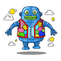 Cute Cartoon Robot Character with Colorful Patchwork Vest