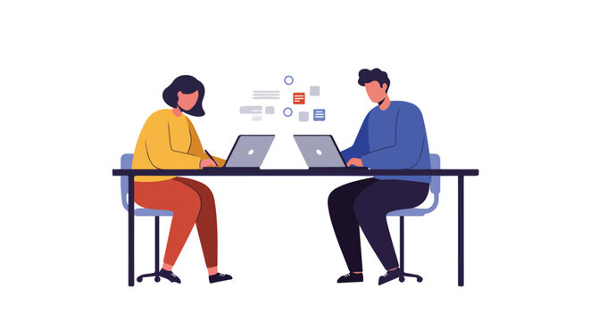 Two people working on laptops, sitting at a shared desk, with documents in background