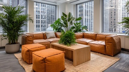 Relaxing corner seating area with plants and city view.