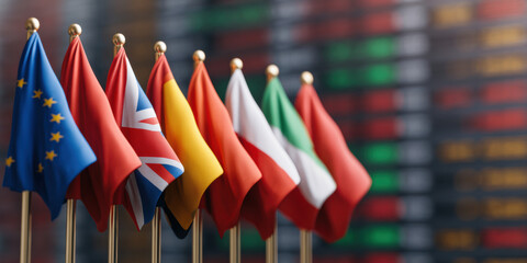  row of various national flags displayed on stands, symbolizing international unity and cooperation against a blurred financial background.