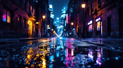 Obraz premium Rainy city street at night with neon light reflections