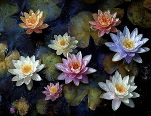 Vibrant water lilies in a variety of pastel hues, resting on dark pond leaves
