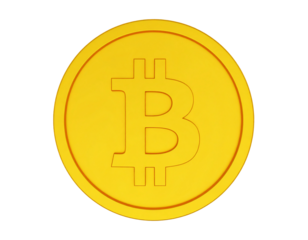 A gold coin featuring the Bitcoin symbol
