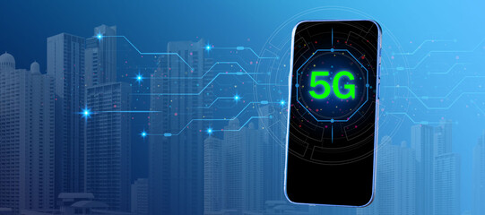 Modern 5G technology concept with smartphone and futuristic digital network connections over city skyline background. High-speed internet, mobile communication, and wireless innovation symbolizing