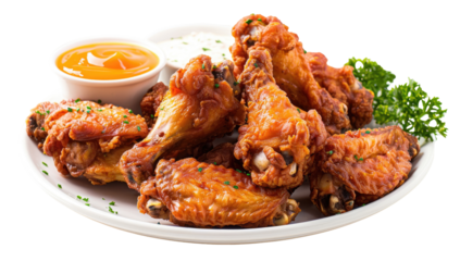 Crispy fried chicken wings piled on a white plate, accompanied by dipping sauces