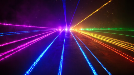 Obraz premium Multicolored laser beams radiating outward in a dark space.