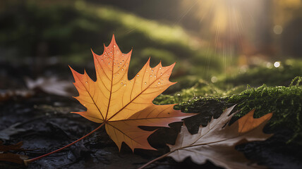 A bright maple leaf with a gradient of orange and yellow rests on a mossy log in a lush forest.