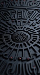 Dark, intricate, circular design with embossed patterns and red accents