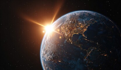 Obraz premium Earth bathed in sunrise, from space. Visible continents, city lights