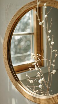selective focus round mirror with a light wooden frame