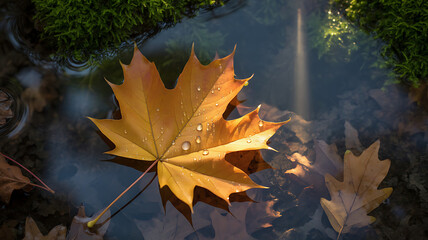 A sunlit maple leaf with a gradient of orange and yellow floats on a small puddle or stream with water droplets.