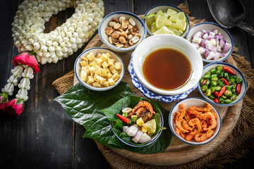 Traditional Thai Snack Miang Kham with Ingredients.