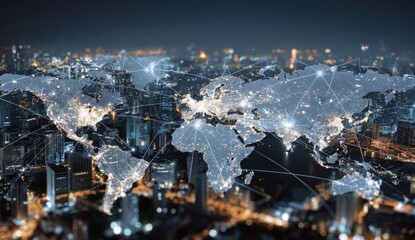 Global network map overlaid on a night city view