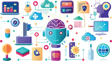 Abstract Network of Technology and Artificial Intelligence Icons robot head brain