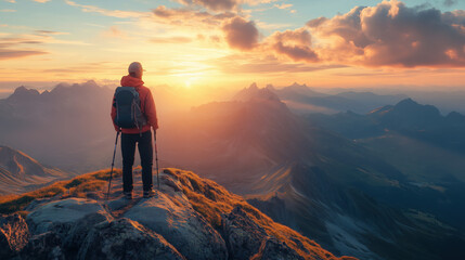 a scenic mountain view during sunrise with a hiker standing and enjoying the view