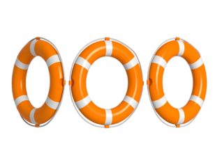 Three orange life preservers float ready for an emergency rescue offering security and safety.