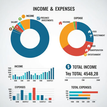Financial infographic dashboard with data visualization charts and graphs for analyzing personal or business income and expenses for effective budget planning.