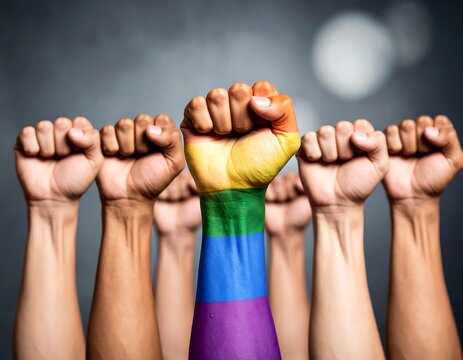 Raised fists, diverse skin tones, central fist painted with rainbow LGBTQ+ flag