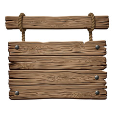 Rustic wooden sign with rope hanging isolated on transparent background