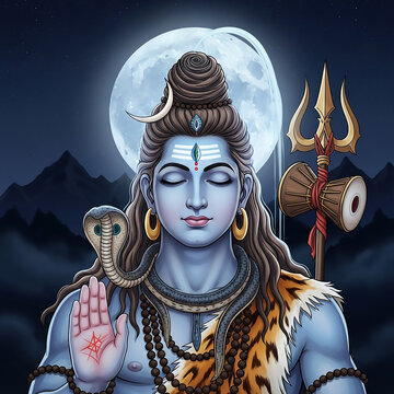 Lord Shiva meditating and blessing under a beautiful full moon