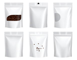 Set of blank, white, stand-up pouches, some filled with coffee beans