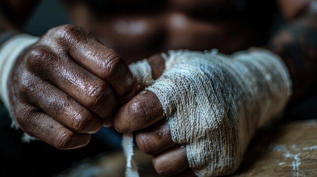 First-Person View of Hands Wrapping Boxing Tape in Intense Pre-Training Moment - Powered by Adobe