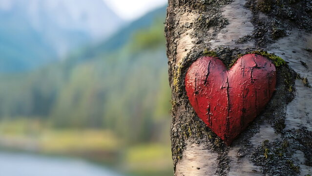Heart-shaped carvings are inserted into the sides of the birch trees